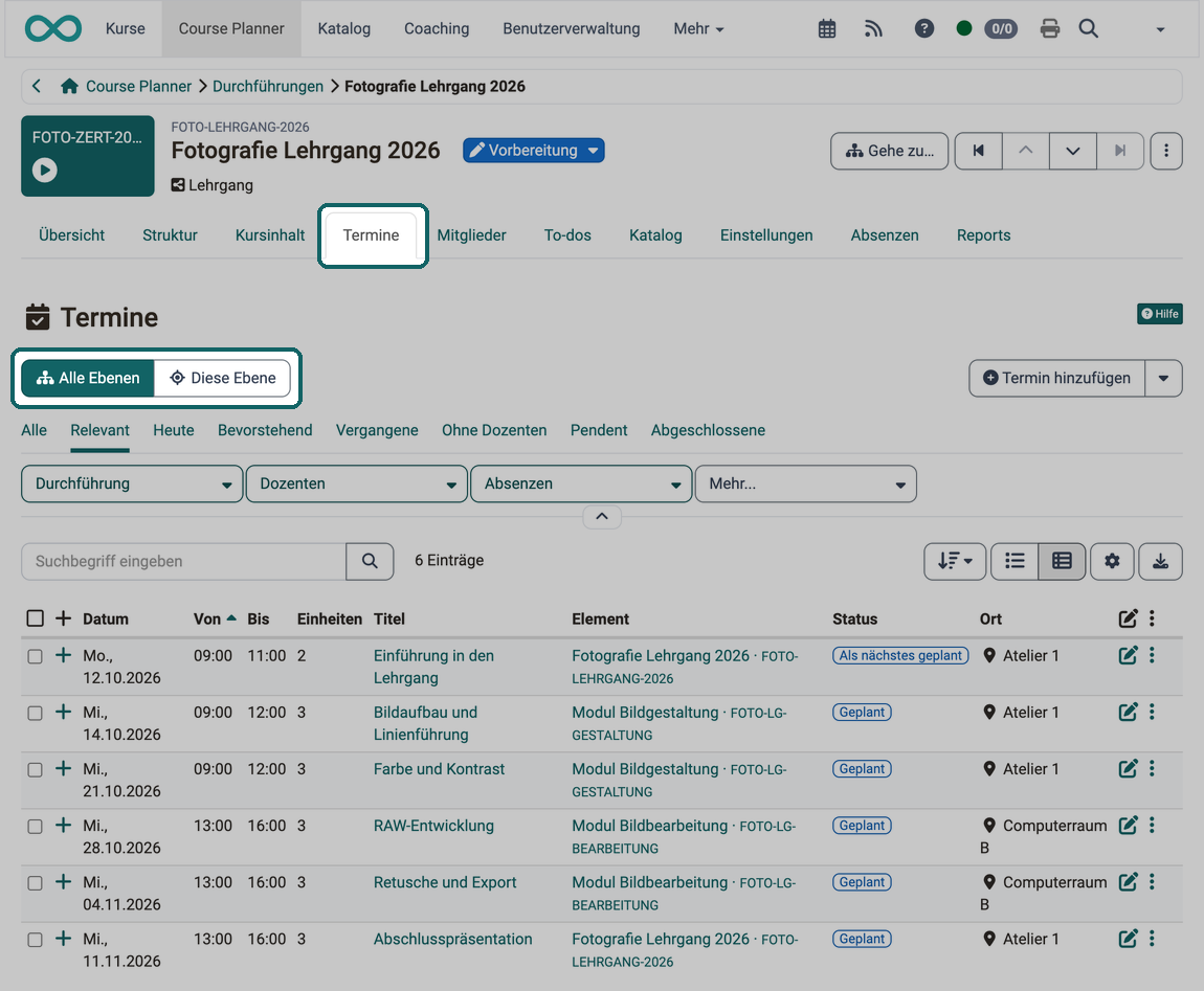 Tab Termine einer Durchführung · 2026.10.08 Mit Alle Ebenen zeigt die Terminliste auch die Termine der Module, die Spalte Element nennt das Modul