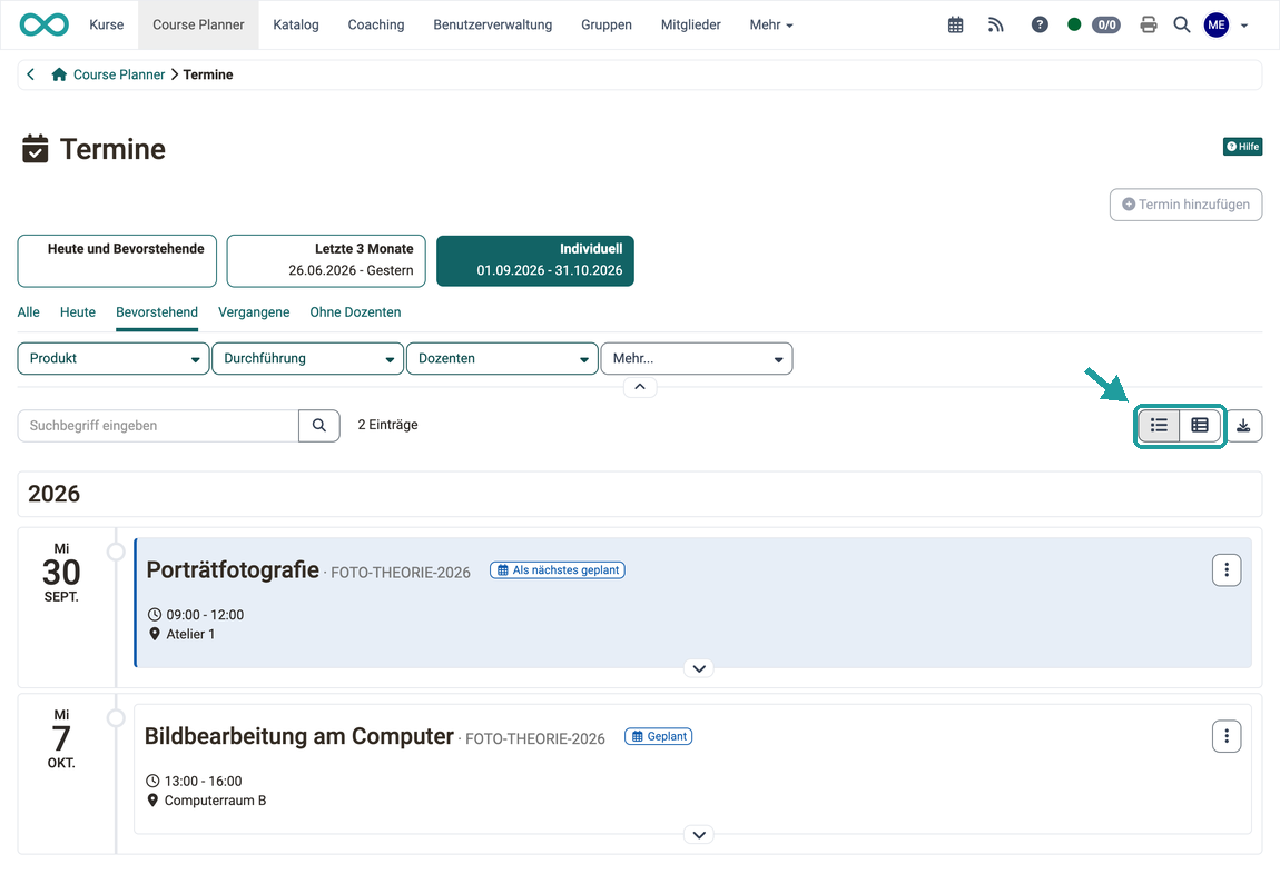 Zeitansicht im Bereich Termine Umschalter zur Zeitansicht hervorgehoben, darunter die bevorstehenden Termine als Zeitachse nach Tagen