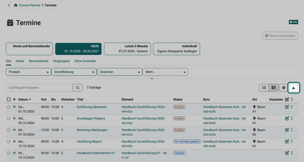 Bereich Termine im Course Planner · 2026.10.07 Der Download-Button rechts über der Terminliste hervorgehoben