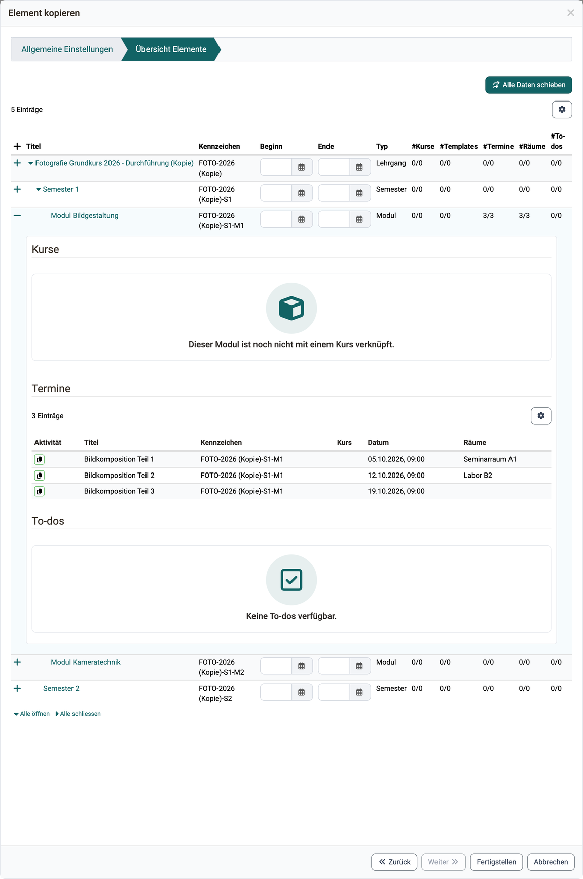 Schritt Übersicht Elemente Die zu kopierenden Elemente mit den Zählern #Kurse, #Templates, #Termine, #Räume und #To-dos, ein Element aufgeklappt mit der Spalte Räume in der Tabelle Termine