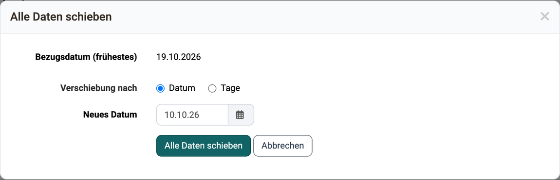 Der Dialog Alle Daten schieben zeigt als Bezugsdatum das früheste Datum, unter Verschiebung nach wählen Sie Datum oder Tage und tragen das neue Datum ein