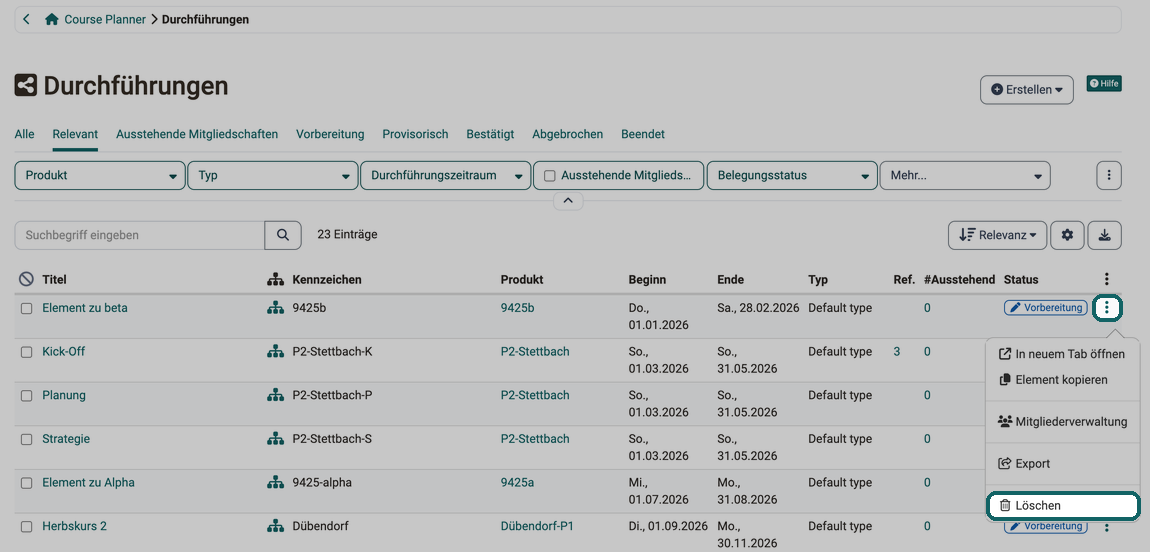 Liste der Durchführungen im Course Planner · 2026.09.30 Die Aktion Löschen im Menü der drei Punkte am Ende einer Zeile