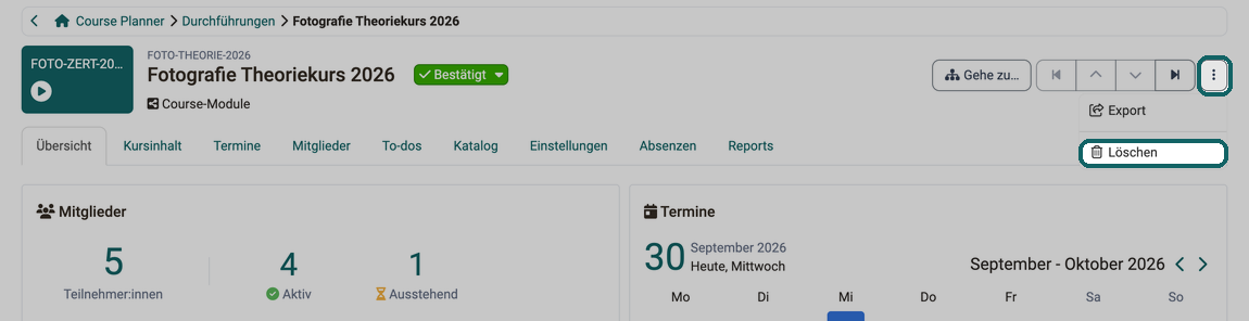 Kopfbereich einer geöffneten Durchführung · 2026.09.30 Die Aktion Löschen im Menü der drei Punkte rechts oben, oberhalb der Tabs