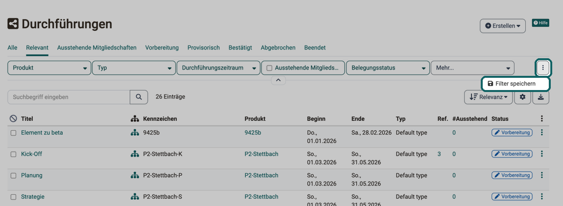 Das Menü der drei Punkte rechts neben den Filtern enthält die Aktion Filter speichern, mit der eine Filterkombination als eigene Voreinstellung erhalten bleibt