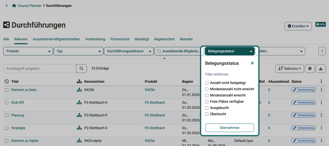 Seite Durchführungen im Course Planner · 2026.09.30 Die Liste der Durchführungen mit dem geöffneten Filter Belegungsstatus: Anzahl nicht festgelegt, Mindestanzahl nicht erreicht oder erreicht, Freie Plätze verfügbar, Ausgebucht, Überbucht