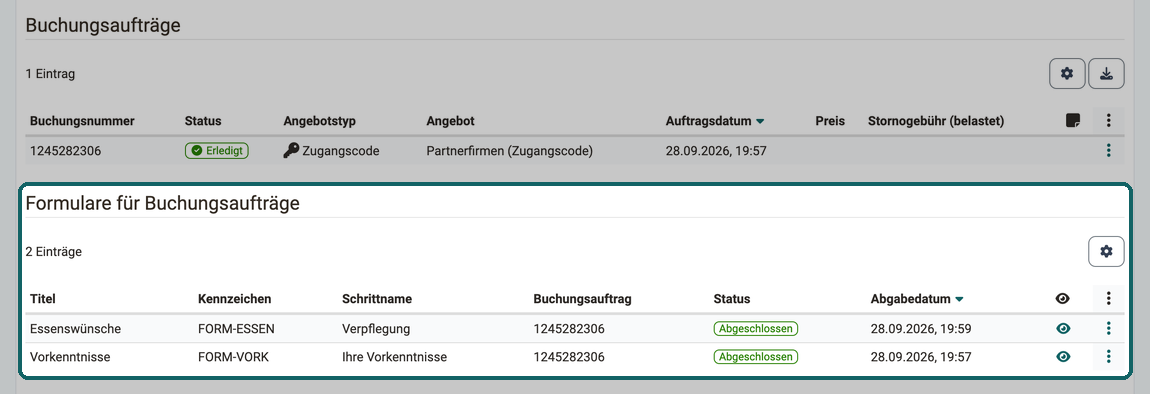 Detailansicht einer Mitgliedschaft im Tab Mitglieder · 2026.09.28 Der Abschnitt Formulare für Buchungsaufträge unterhalb der Buchungsaufträge, mit zwei abgeschlossenen Formularen samt Schrittname, Buchungsauftrag und Abgabedatum