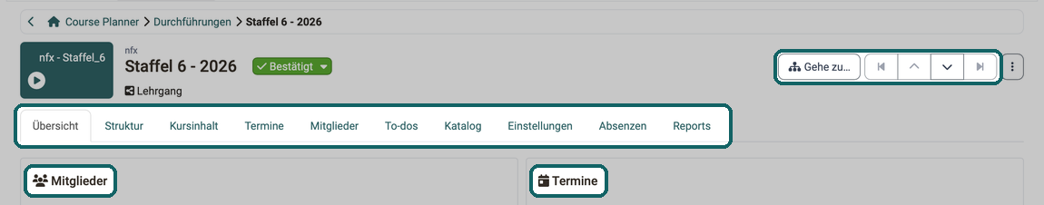 Kopfbereich einer geöffneten Durchführung · 2026.10.02 Button Gehe zu…, vier Buttons mit Pfeilen zum Wechsel zwischen Elementen und Durchführungen, die Tabs von Übersicht bis Reports und die Widget-Überschriften als Sprungziele