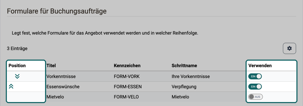 Abschnitt Formulare für Buchungsaufträge im Dialog eines Angebots · 2026.09.28 Zwei verwendete Formulare mit eingeschaltetem Schalter Verwenden und den Pfeilen für die Position, darunter ein nicht verwendetes Formular