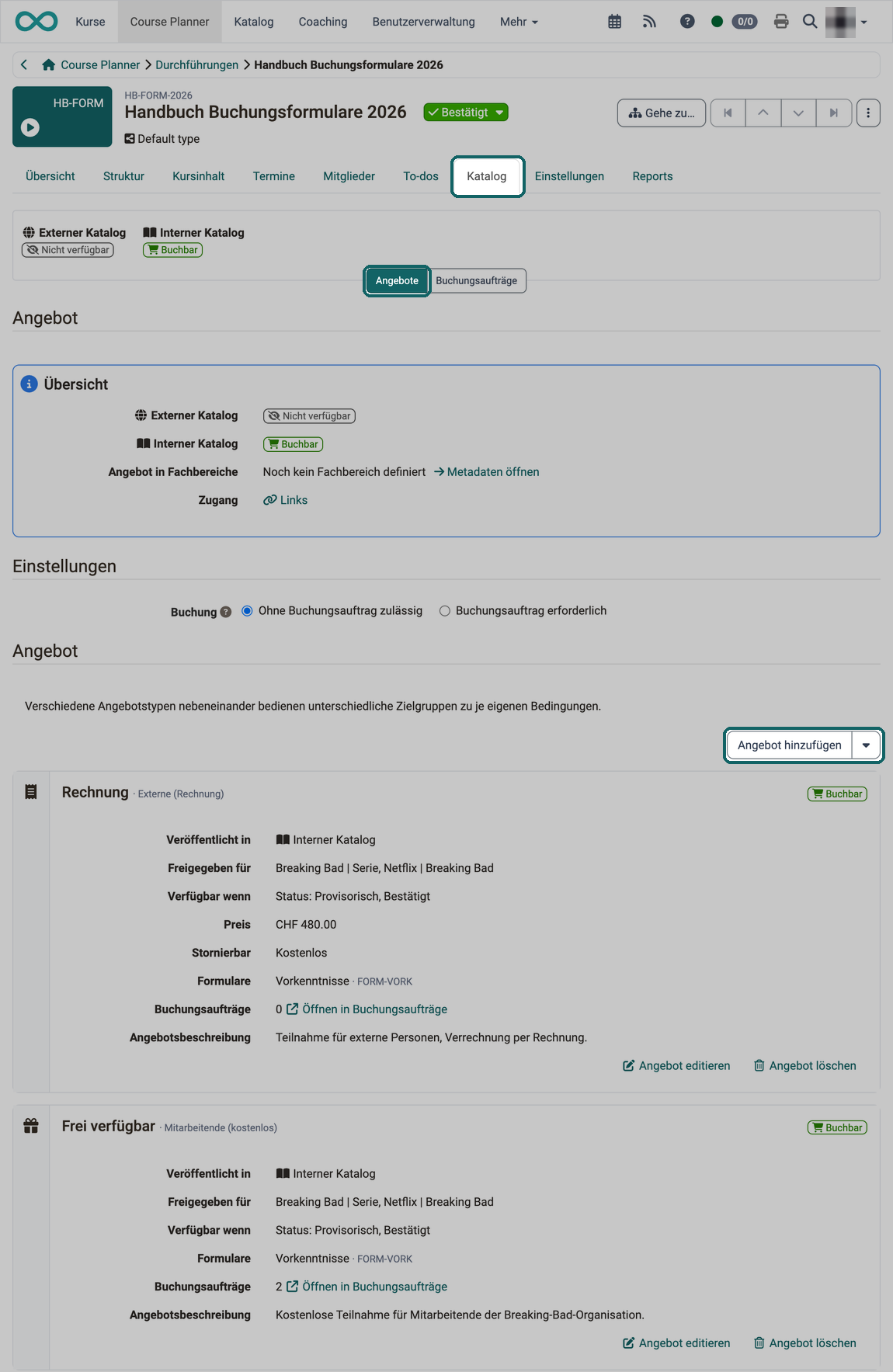 Teilbereich Angebote im Tab Katalog · 2026.09.28 Die Übersicht, der Abschnitt Einstellungen und die Angebote einer Durchführung mit dem Button Angebot hinzufügen