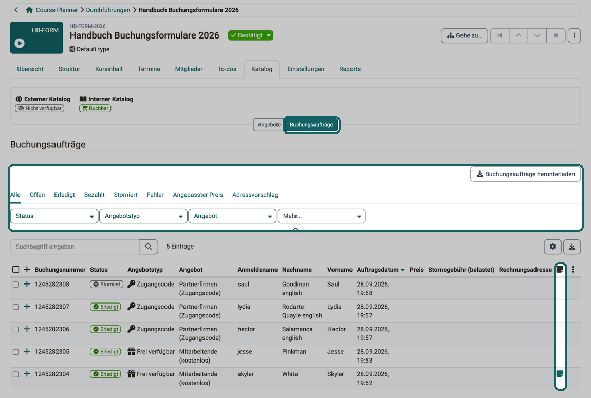 Teilbereich Buchungsaufträge im Tab Katalog · 2026.09.30 Der Button Buchungsaufträge herunterladen, Tabs und Filter nach Status, Angebotstyp und Angebot, dazu ein Notiz-Symbol für den Kommentar der Teilnehmer:in