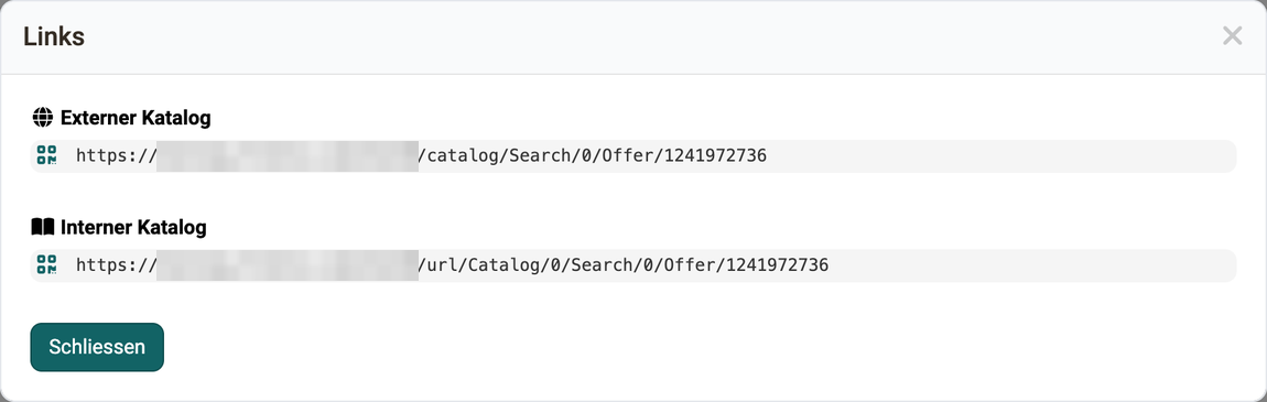 Dialog Links im Tab Katalog · 2026.09.30 Der Dialog Links mit je einem Direktlink auf das Angebot für den externen und den internen Katalog, vor jedem Link ein QR-Code-Symbol