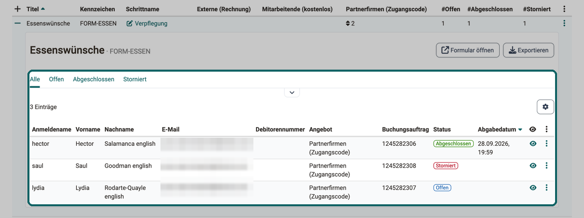 Aufgeklapptes Formular im Abschnitt Formulare für Buchungsaufträge · 2026.09.28 Die aufgeklappte Zeile eines Formulars mit den Personen, ihrem Angebot, Buchungsauftrag, Status und Abgabedatum und den Ansichten Offen, Abgeschlossen und Storniert