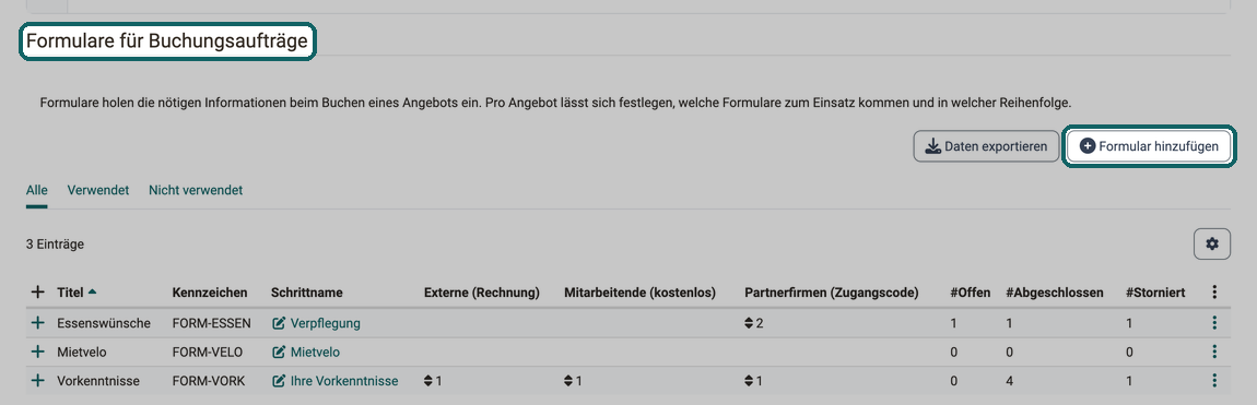 Abschnitt Formulare für Buchungsaufträge im Tab Katalog · 2026.09.28 Die Formulare mit Schrittname, Position je Angebot und den Zählern je Status, dazu Daten exportieren und Formular hinzufügen