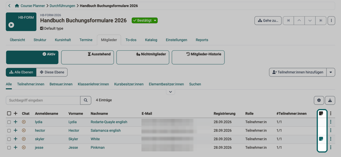 Tab Mitglieder · 2026.09.30 Ein Notiz-Symbol in der Mitgliederliste zeigt, bei welcher Teilnehmer:in ein Kommentar zur Buchung vorliegt