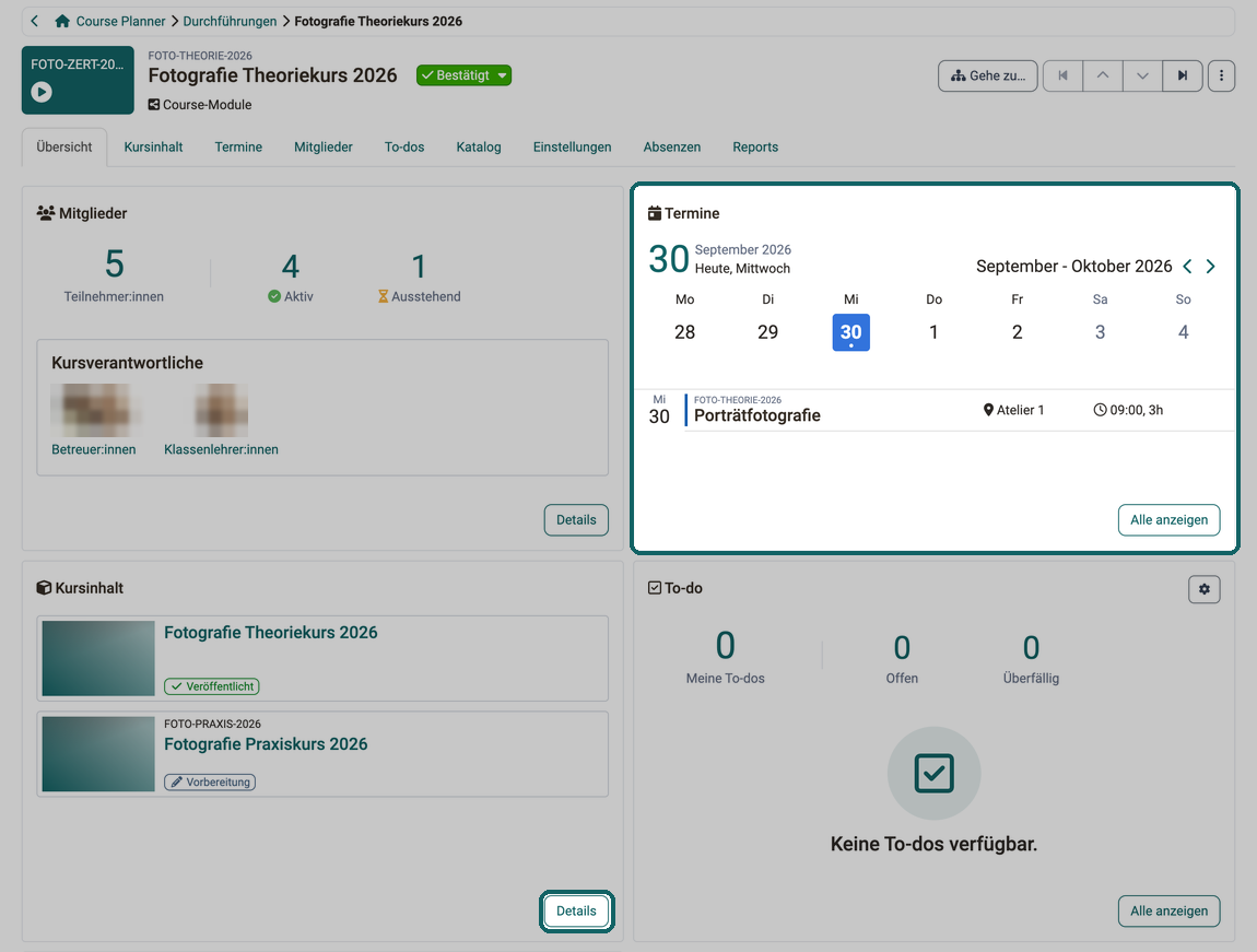 Tab Übersicht einer Durchführung · 2026.09.30 Das Widget Termine mit Wochenleiste, dem Termin des heutigen Tages und dem Button Alle anzeigen, daneben die Widgets Mitglieder, Kursinhalt mit dem Button Details und To-do