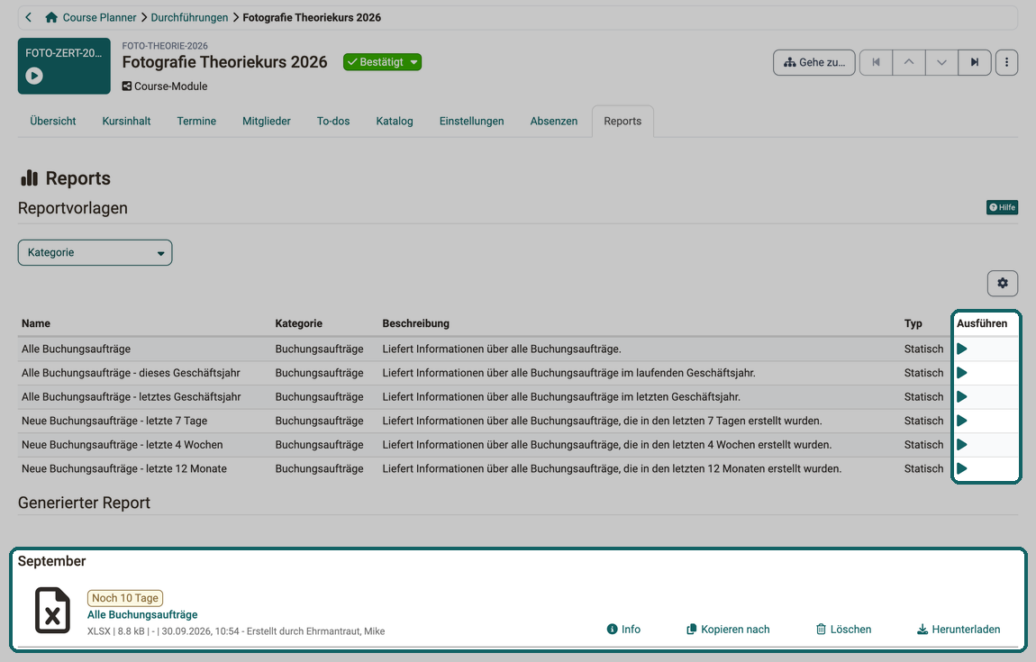 Tab Reports einer Durchführung · 2026.09.30 Die Reportvorlagen mit der Spalte Ausführen und darunter ein generierter Report als Excel-Datei mit Info, Kopieren nach, Löschen und Herunterladen
