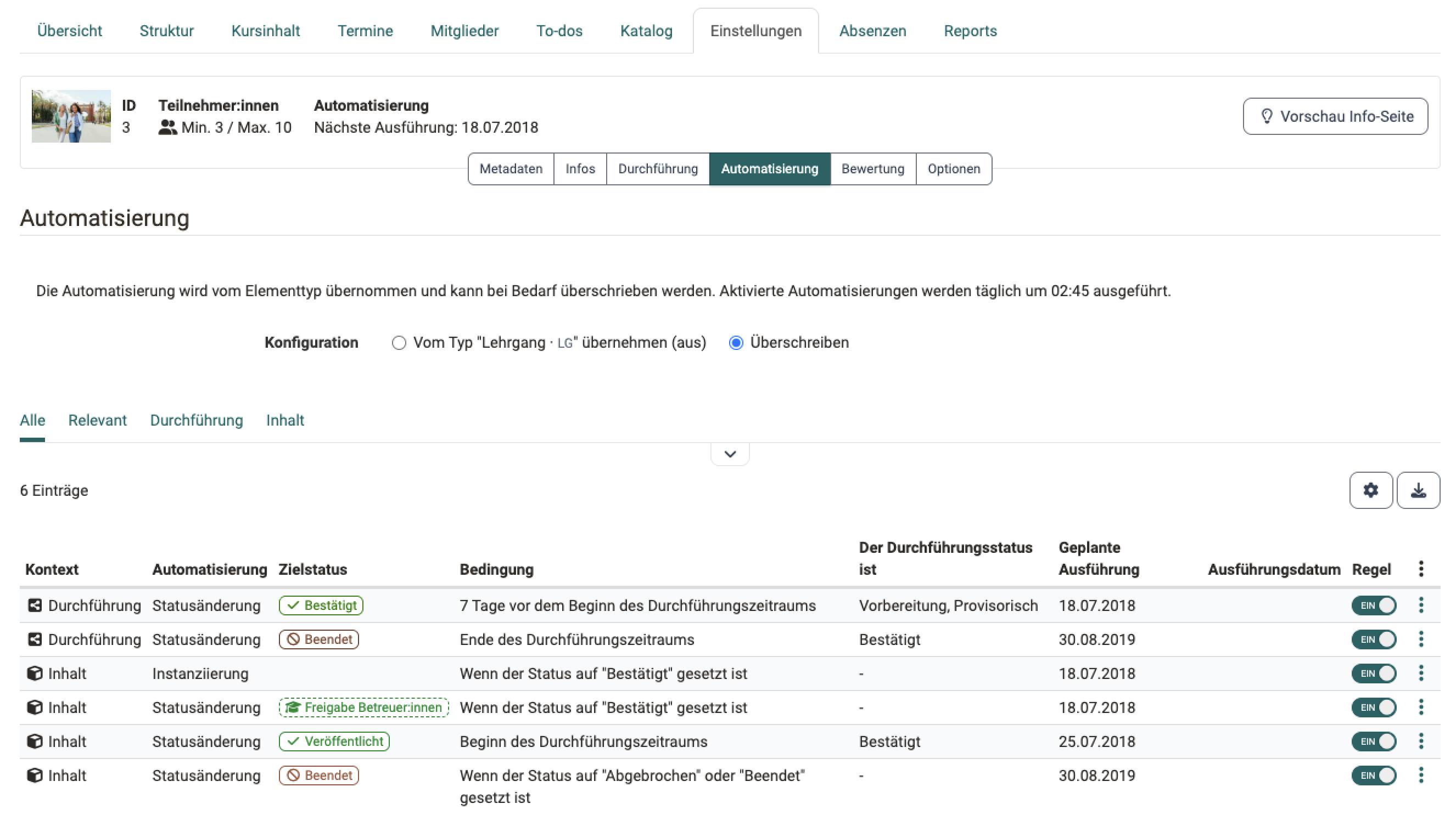 Unter-Tab Automatisierung der Einstellungen einer Durchführung: Der Modus "Überschreiben" ist gewählt, die Tabelle listet je Regel Kontext, Automatisierung, Zielstatus, Bedingung und geplante Ausführung, der Kopfbereich nennt die nächste Ausführung.