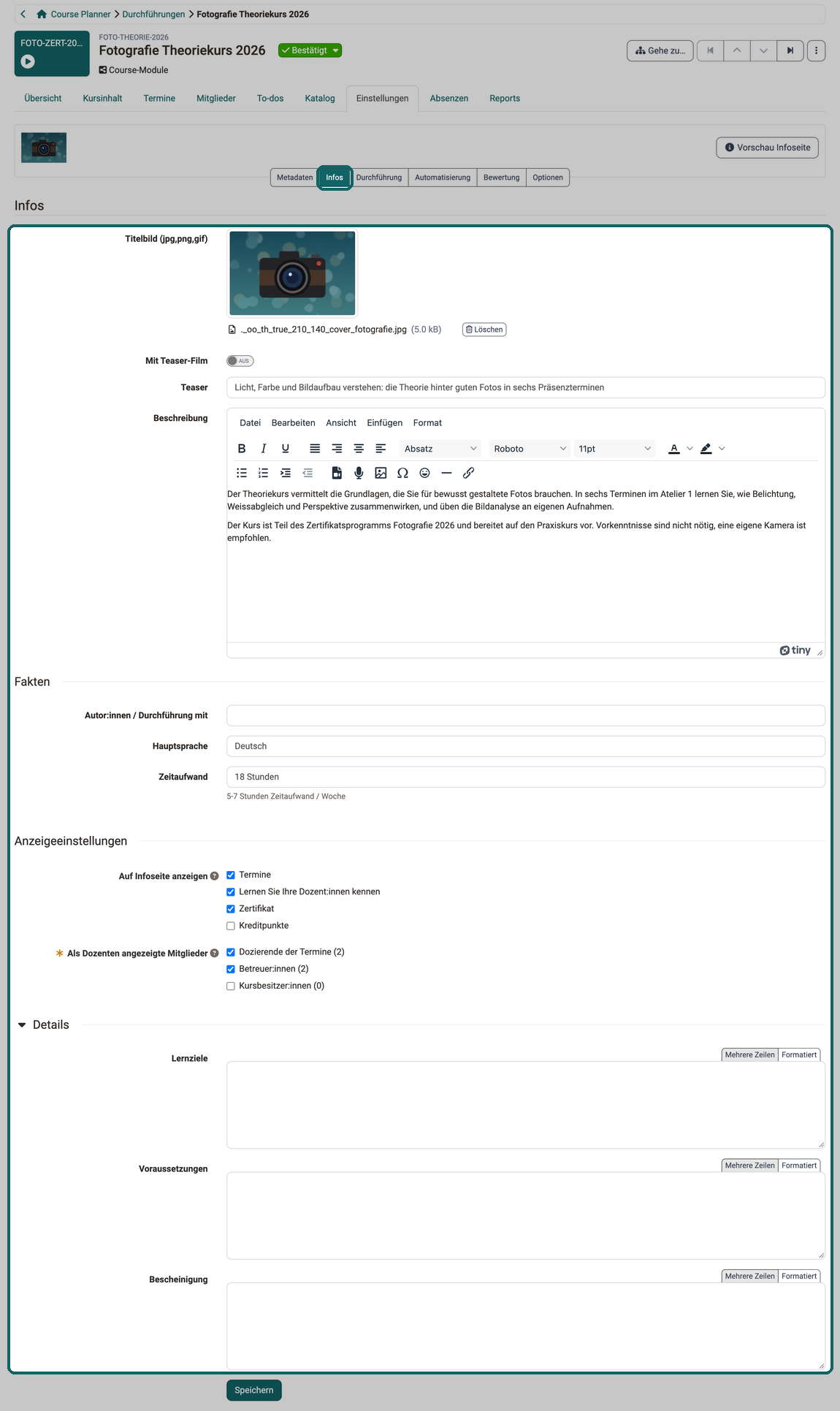 Unter-Tab Infos der Einstellungen · 2026.09.30 Die Angaben für die Infoseite: Titelbild, Teaser und Beschreibung, die Fakten Hauptsprache und Zeitaufwand, die Anzeigeeinstellungen und die Details Lernziele, Voraussetzungen und Bescheinigung
