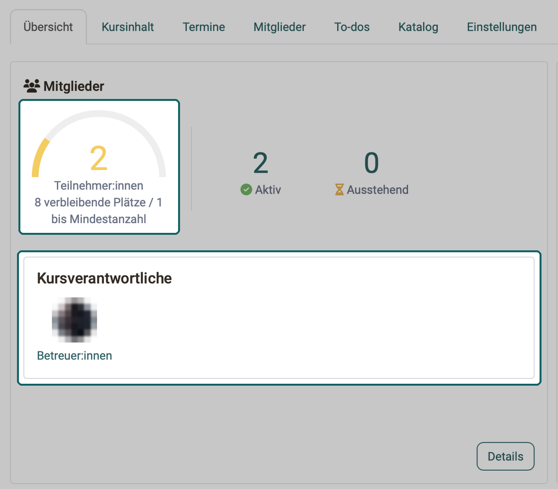 Mitglieder-Widget im Tab Übersicht · 2026.10.02 Verbleibende Plätze und Abstand zur Mindestanzahl unter der Teilnehmerzahl, dazu die Kursverantwortlichen mit ihrer Rolle