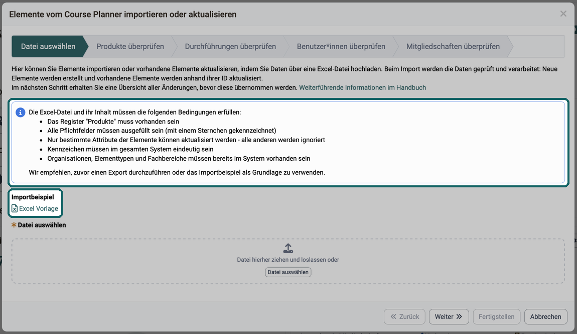 Bedingungen an die Excel-Datei und der Link Excel Vorlage unter Importbeispiel