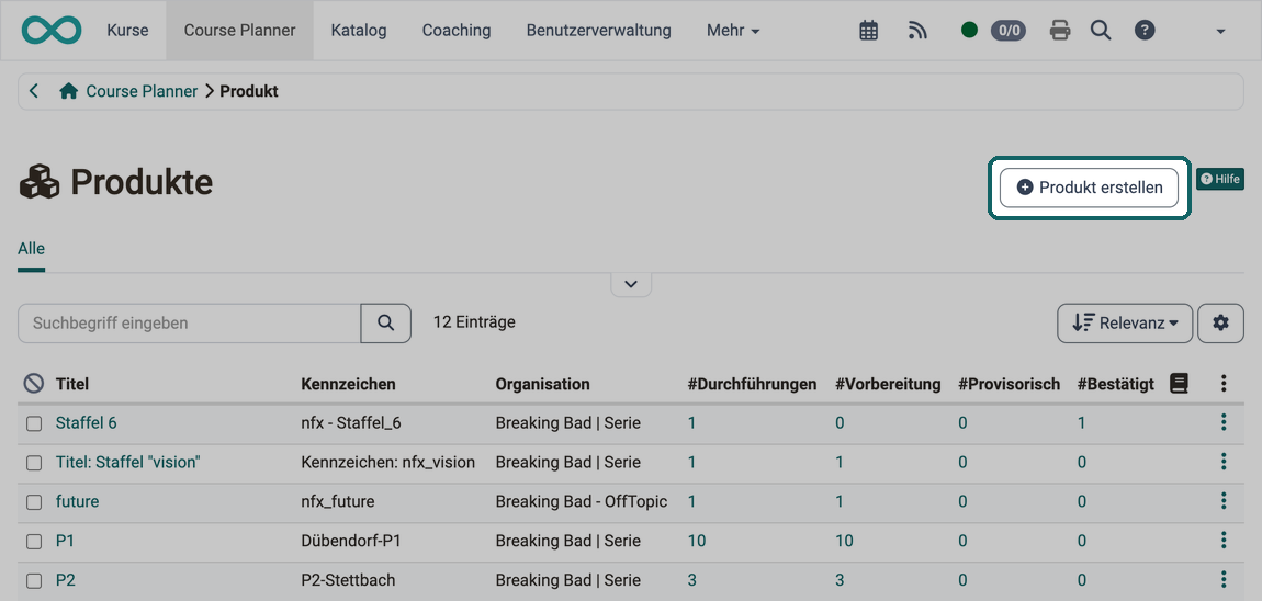 Mit dem Button Produkt erstellen rechts über der Liste legen Sie ein Produkt an, die Tabelle zeigt je Produkt Kennzeichen, Organisation und die Anzahl Durchführungen nach Status