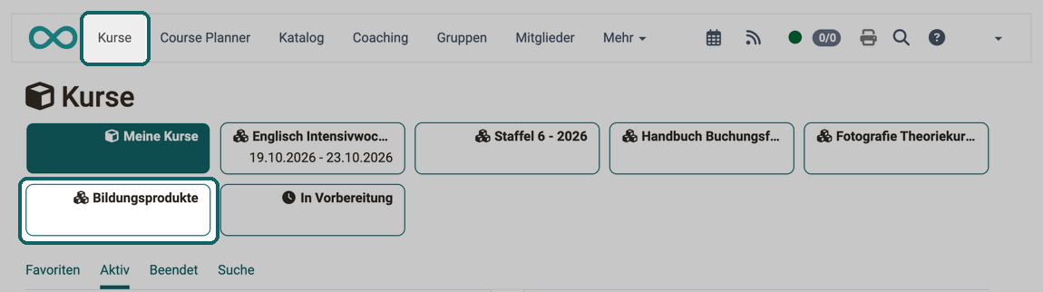 Unter dem Button Bildungsprodukte finden Teilnehmende die Kurse ihrer Durchführungen, als Favorit markierte Durchführungen stehen als eigene Buttons daneben