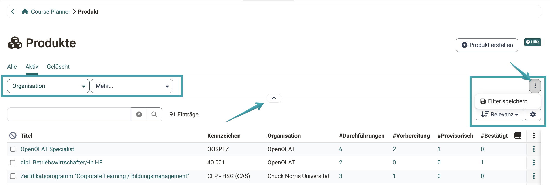Produktliste im Course Planner mit den Tabs Alle, Aktiv und Gelöscht: links die Filter Organisation und Mehr, rechts der Menüpunkt Filter speichern sowie die Sortierung nach Relevanz
