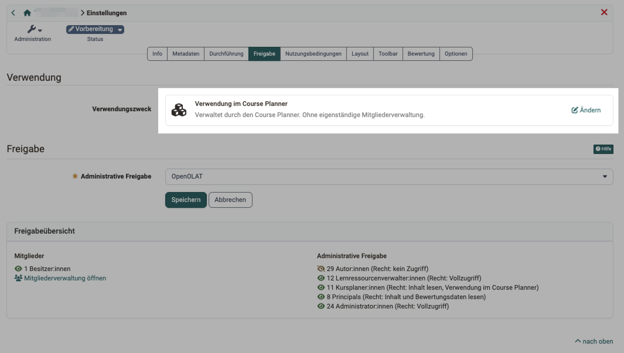 Tab Freigabe in den Einstellungen eines Kurses: der Abschnitt Verwendung zeigt als Verwendungszweck "Verwendung im Course Planner", der Kurs wird durch den Course Planner verwaltet und hat keine eigenständige Mitgliederverwaltung