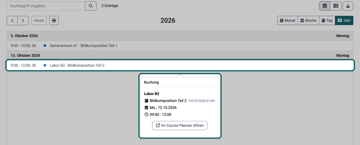 Das Fenster Buchung zeigt zur angeklickten Buchung den Raum, den Termin mit Kennzeichen, Datum und Uhrzeit sowie die Aktion Im Course Planner öffnen