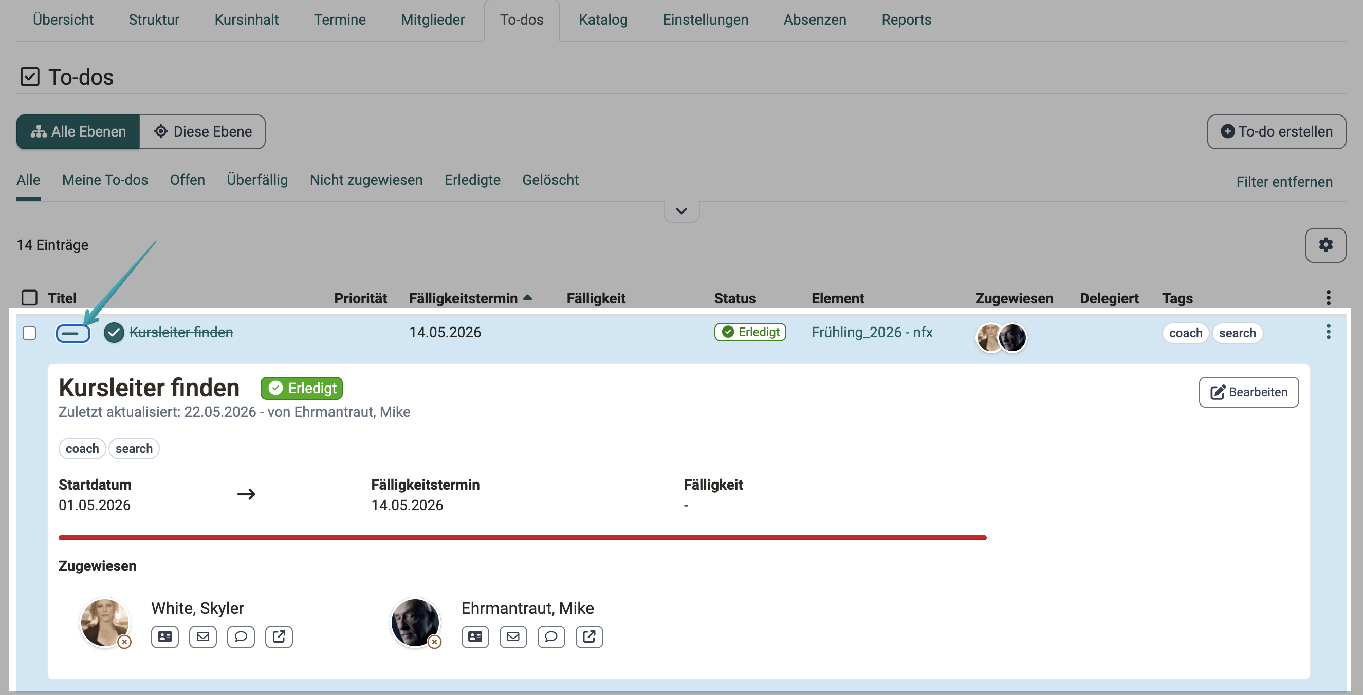 Der aufgeklappte Detailbereich eines erledigten To-dos mit Status, letzter Änderung, Tags, Terminen, Fortschrittsbalken, zugewiesenen Personen und der Aktion «Bearbeiten»