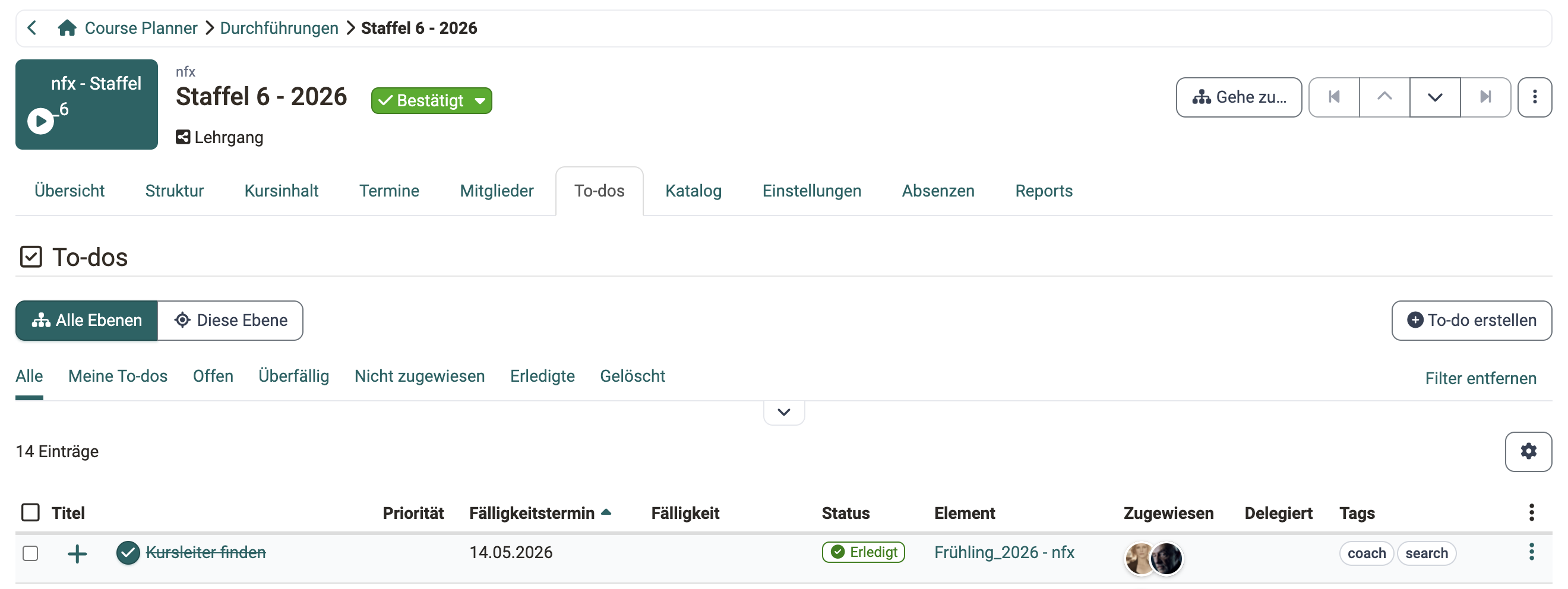 Der Tab «To-dos» einer Durchführung mit den Umschaltern Alle Ebenen und Diese Ebene, den Schnellfiltern und dem Button «To-do erstellen»
