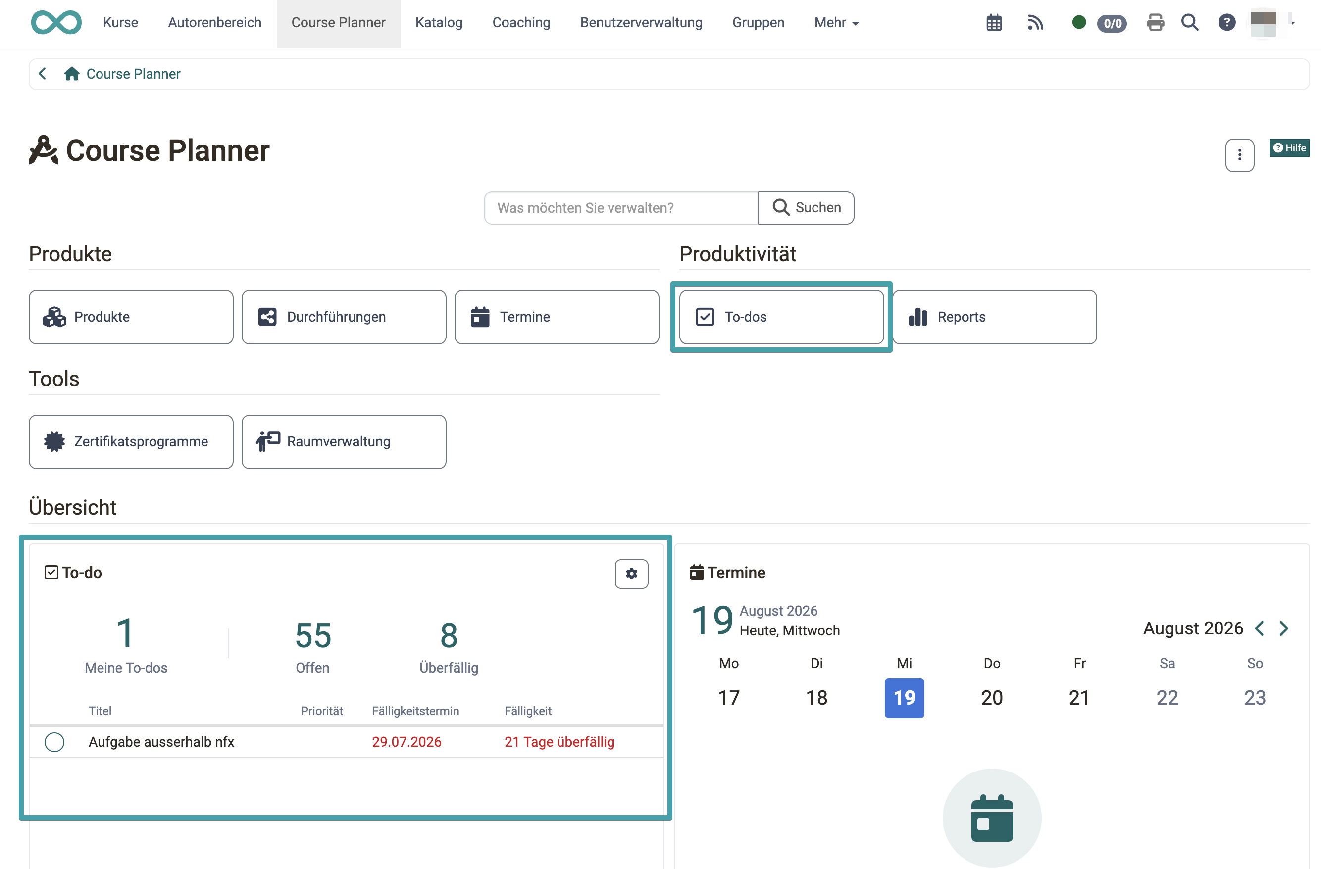 Der Weg zu den To-dos: der Button «To-dos» im Bereich Produktivität und das To-do-Widget im Abschnitt Übersicht, beide hervorgehoben auf der Startseite des Course Planners