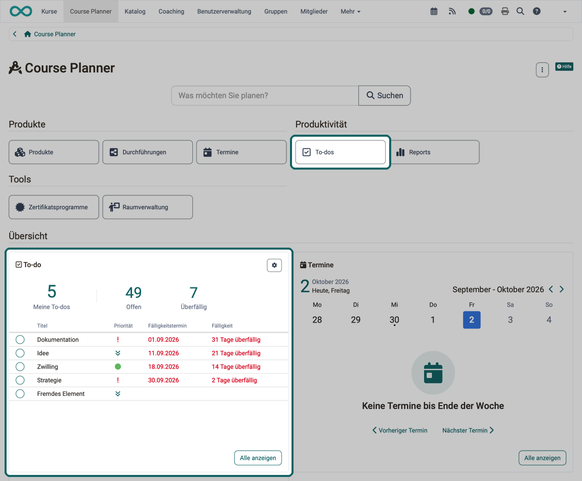 Der Button «To-dos» im Bereich Produktivität und das To-do-Widget mit den Kennzahlen Meine To-dos, Offen und Überfällig, beide hervorgehoben
