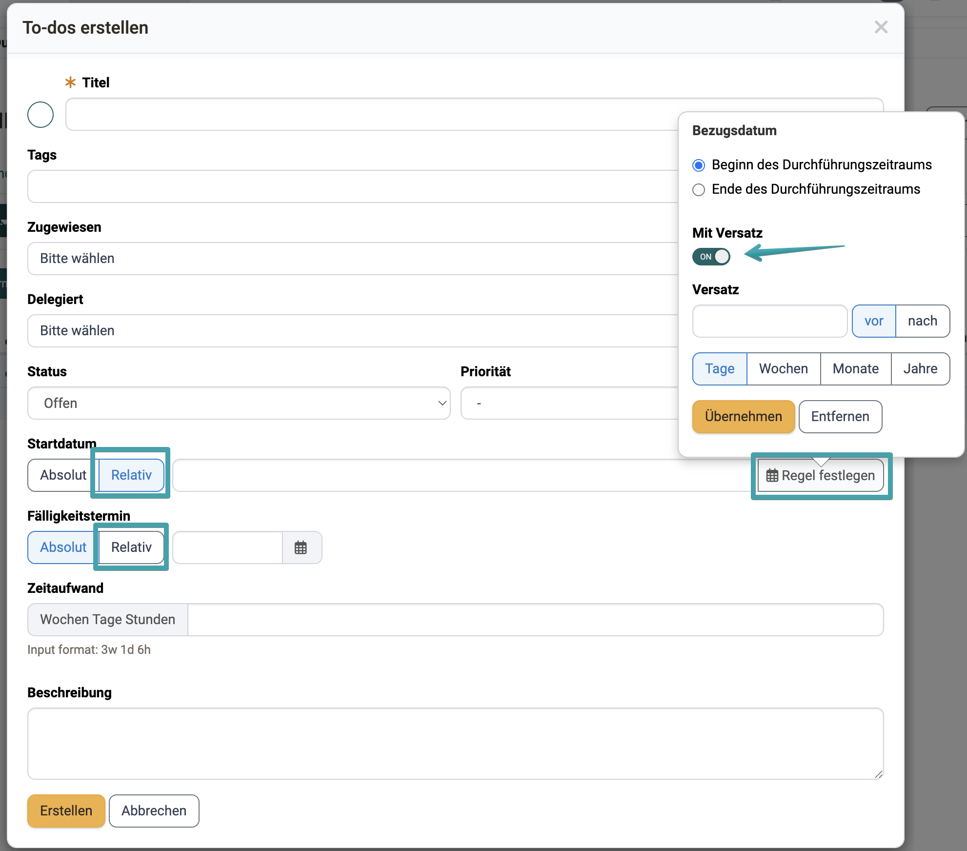 Der Umschalter «Relativ» bei Startdatum und Fälligkeitstermin und das Popover mit Bezugsdatum, Versatz und Richtung, im Dialog zum Erstellen eines To-dos