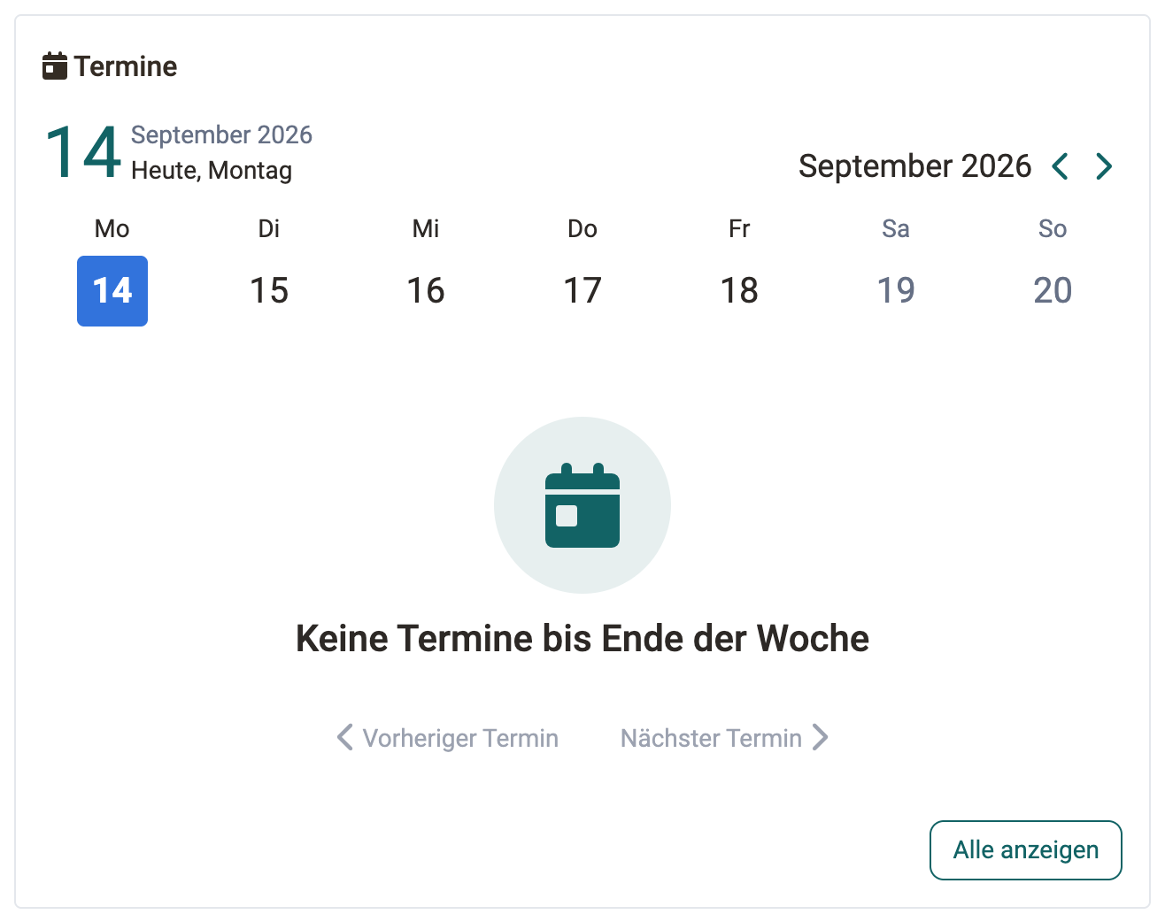 Hinweis Keine Termine bis Ende der Woche mit den ausgegrauten Schaltflächen Vorheriger und Nächster Termin, im Termine-Widget des Course Planners