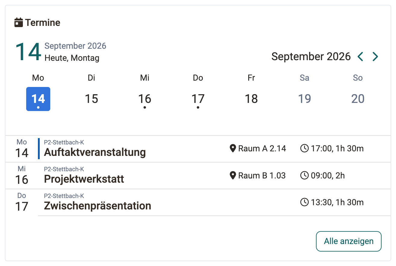 Wochenleiste mit Punkten unter den Tagen mit Terminen, darunter drei Termine mit Kennzeichen, Titel, Ort und Dauer, im Termine-Widget des Course Planners