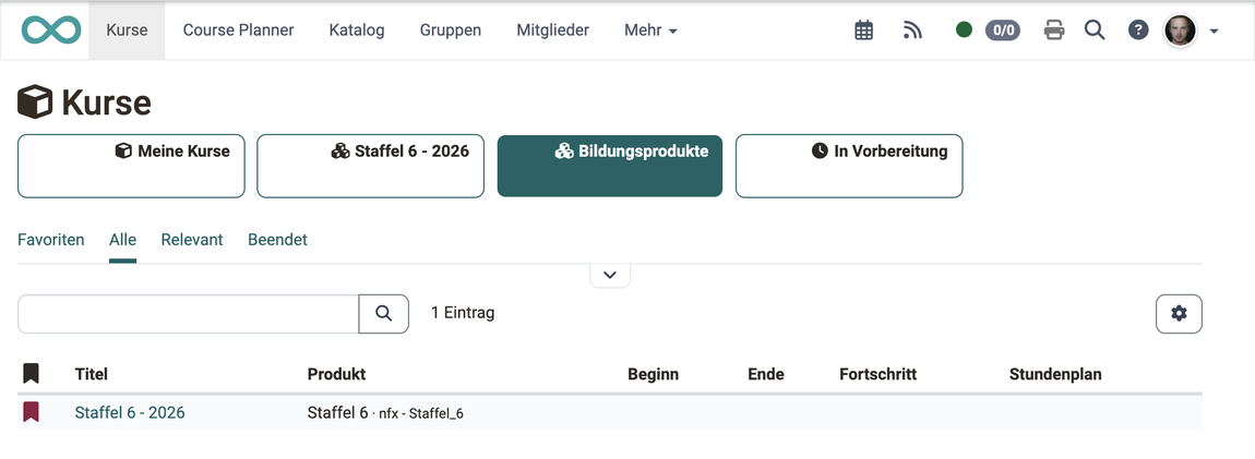 Bereich Bildungsprodukte im Menü Kurse Die als Favorit markierte Durchführung Staffel 6 - 2026 steht als eigener Bereich vor Bildungsprodukte