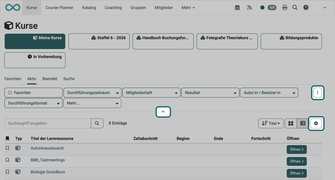 Tab Aktiv im Bereich Meine Kurse · 2026.10.02 Markiert: Menü mit Filter speichern, Pfeil Suchfilter ausblenden und Zahnrad Spalten auswählen über der Tabelle