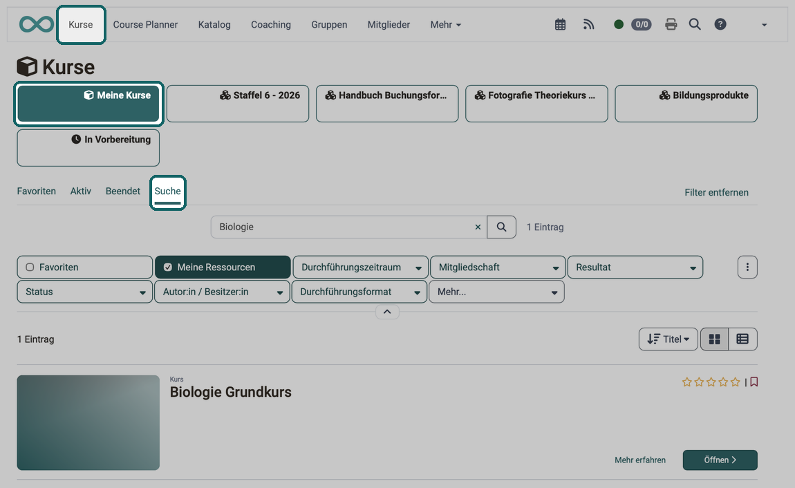 Tab Suche im Bereich Meine Kurse · 2026.10.02 Markierter Weg Kurse, Meine Kurse und Suche, dazu ein Stichwort, der aktive Filter Meine Ressourcen und ein Treffer als Kachel