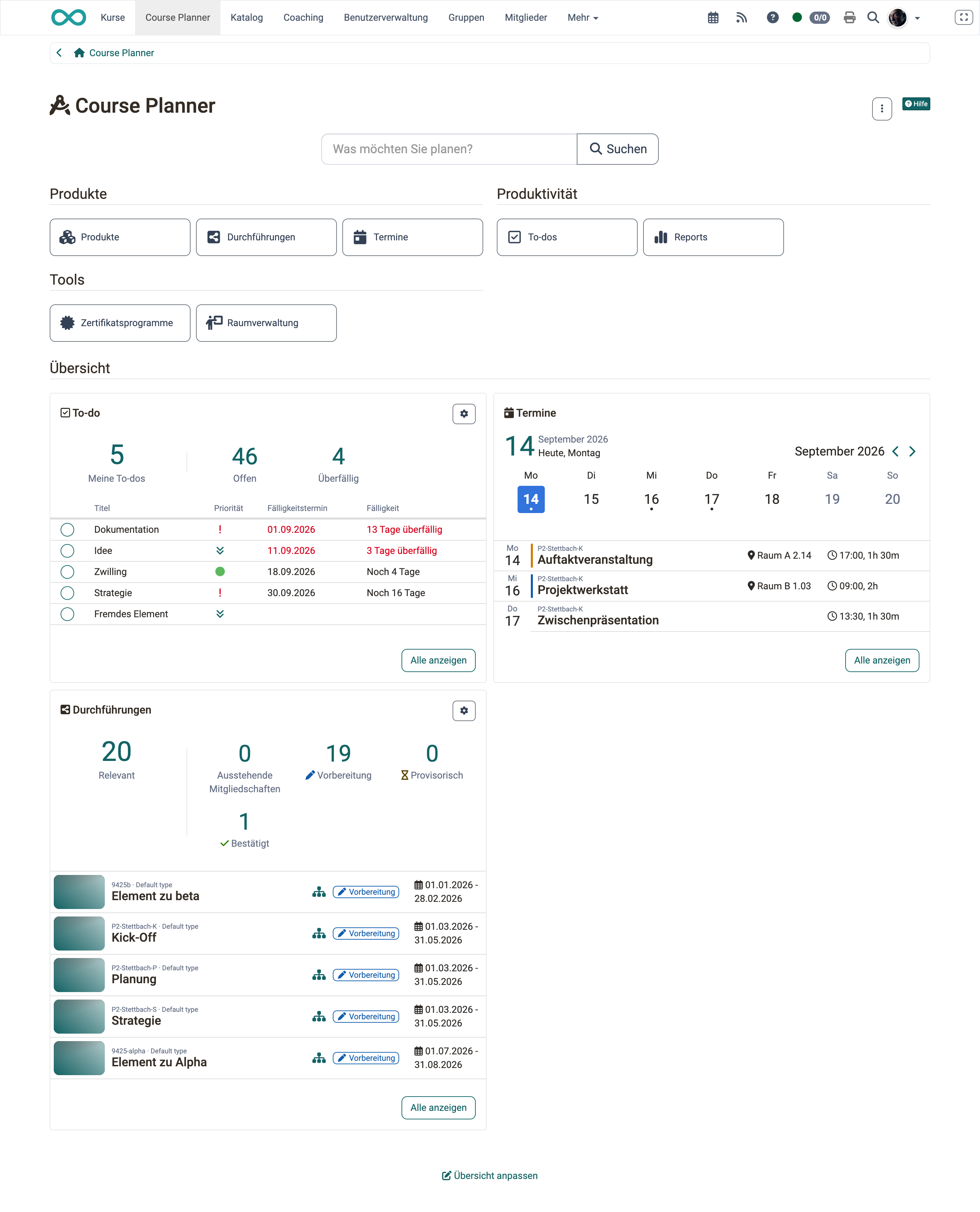 Schaltflächen in den Gruppen Produkte, Produktivität und Tools, darunter der Trennbereich Übersicht mit den Kacheln Durchführungen, Termine und To-do, auf der Startseite des Course Planners