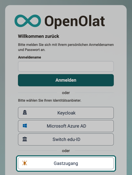 Login-Seite mit dem markierten Button Gastzugang unter der Anmeldung mit Konto und den Identitätsanbietern; über diesen Button betreten Personen ohne Konto OpenOlat