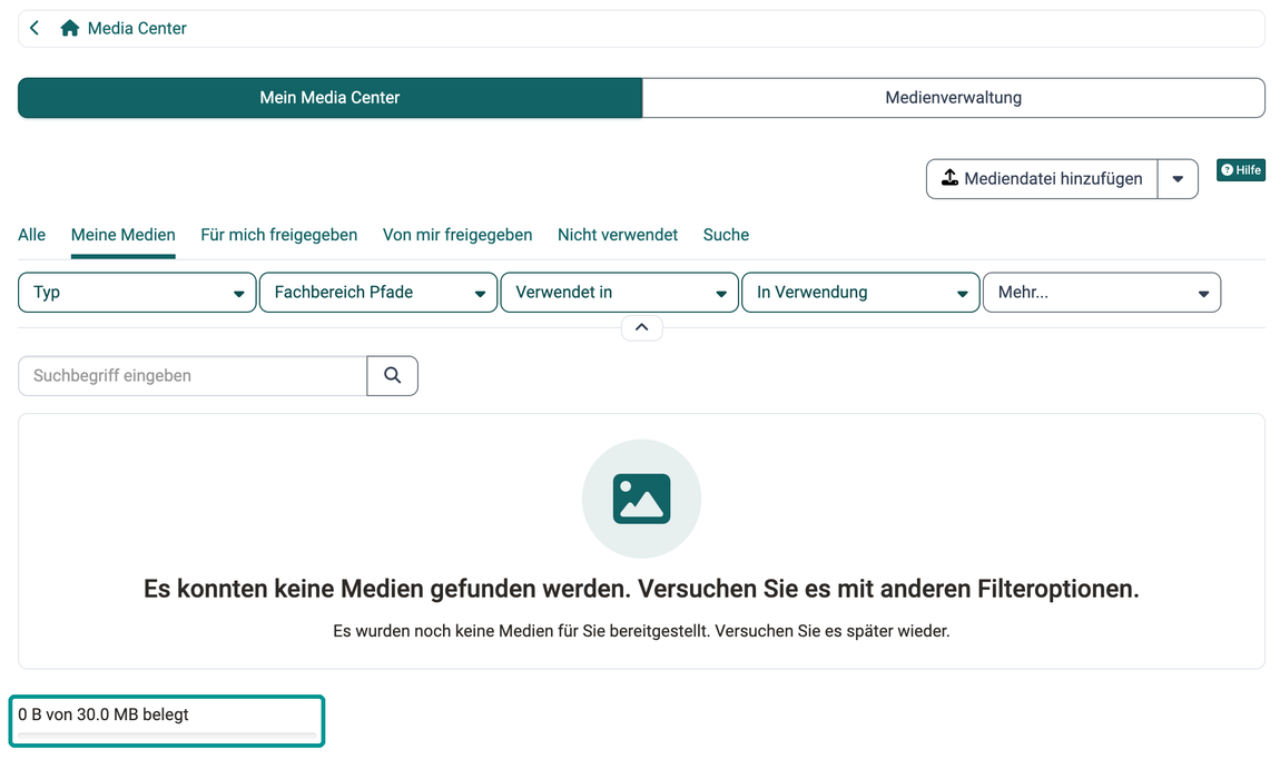 Markierte Speicheranzeige 0 B von 30.0 MB belegt unten links, im Segment Mein Media Center neben dem Segment Medienverwaltung