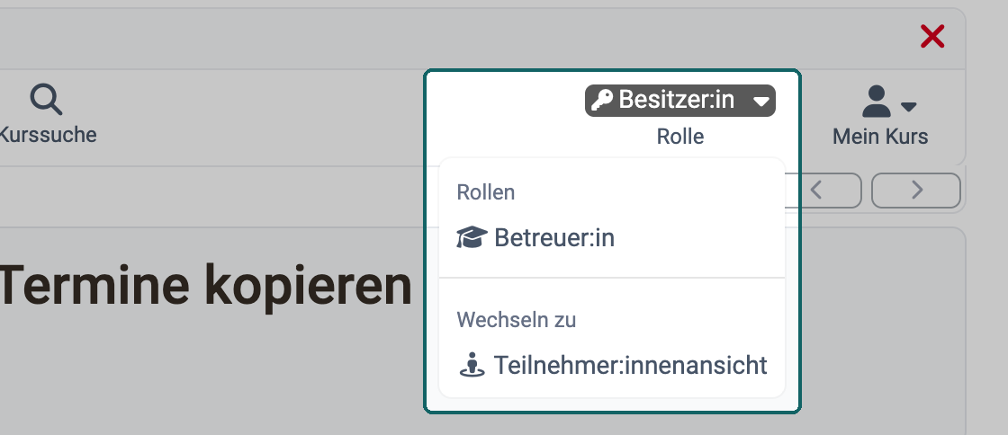 Das Menü Rolle zeigt unter Rollen die weiteren Rollen der Person und unter Wechseln zu die Teilnehmer:innenansicht