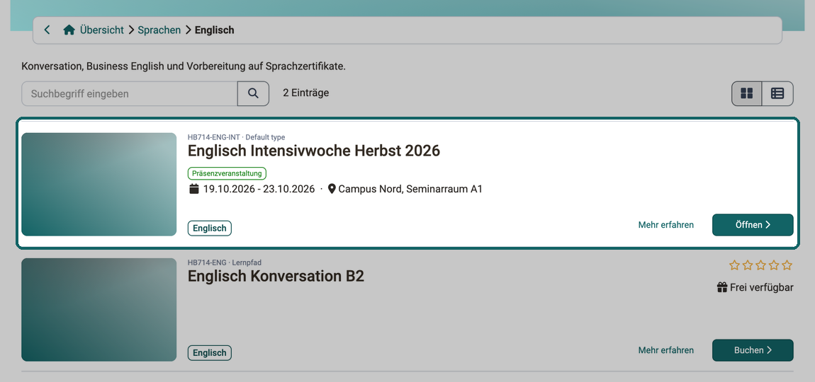 Auf der Microsite Englisch steht die Durchführung Englisch Intensivwoche Herbst 2026 mit ihrem Fachbereich Englisch neben einem Kurs mit demselben Fachbereich