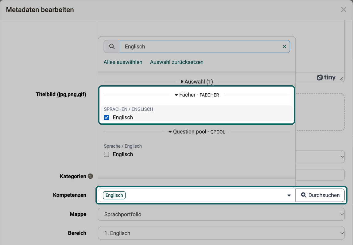 Im Dialog Metadaten bearbeiten eines Portfolioeintrags ist im Feld Kompetenzen Englisch gewählt, die Auswahlliste zeigt die Taxonomieebene unter der Taxonomie Fächer mit dem Pfad SPRACHEN / ENGLISCH