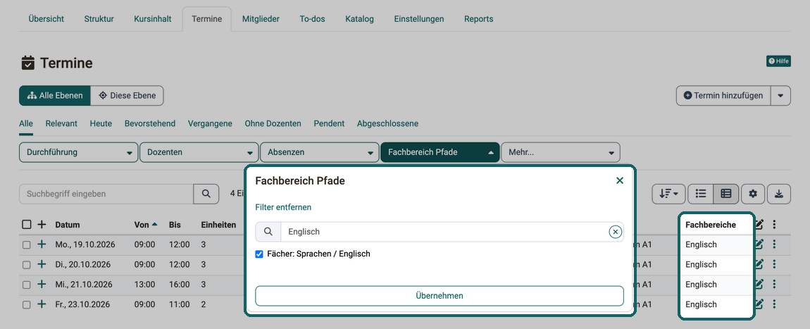 In der Terminliste einer Durchführung ist die Spalte Fachbereiche eingeblendet und der Filter Fachbereich Pfade mit dem Fachbereich Englisch geöffnet