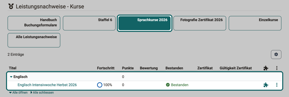 In den Leistungsnachweisen ist die Kachel des Produkts Sprachkurse 2026 gewählt, die Durchführung Englisch Intensivwoche Herbst 2026 steht unter ihrem Fachbereich Englisch