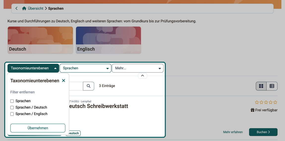 Auf der Microsite Sprachen ist der Filter Taxonomieunterebenen geöffnet und bietet Sprachen, Deutsch und Englisch an, daneben steht der Filter Sprachen vom Typ Taxonomieebene