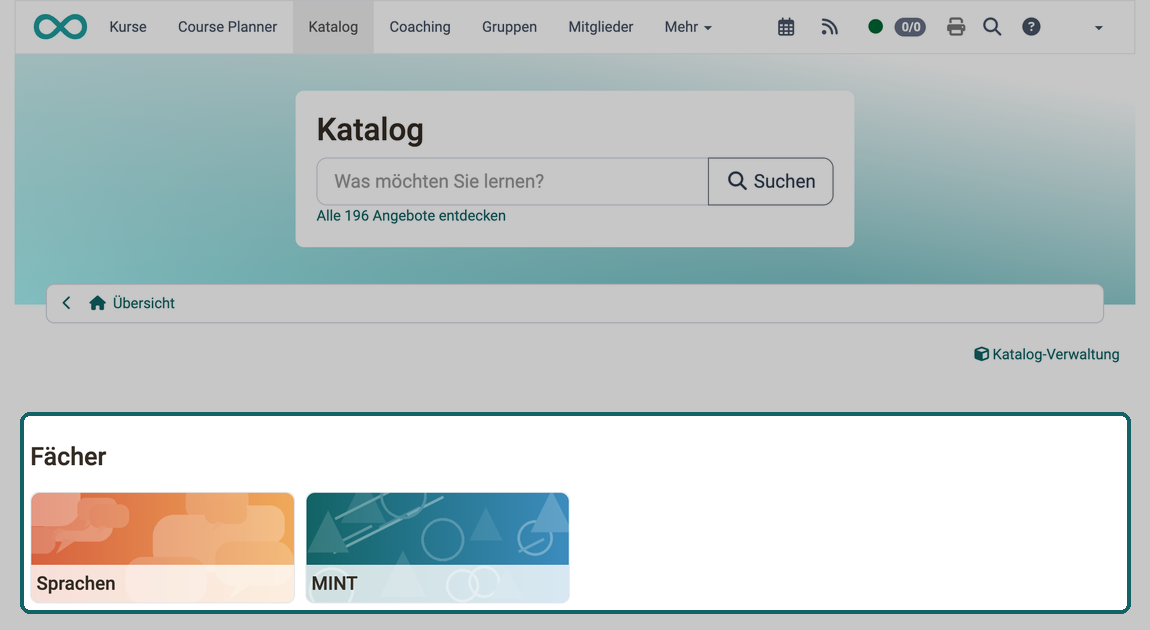 Der Launcher Fächer zeigt die Taxonomieebenen Sprachen und MINT als Kacheln mit ihrem Teaser Bild