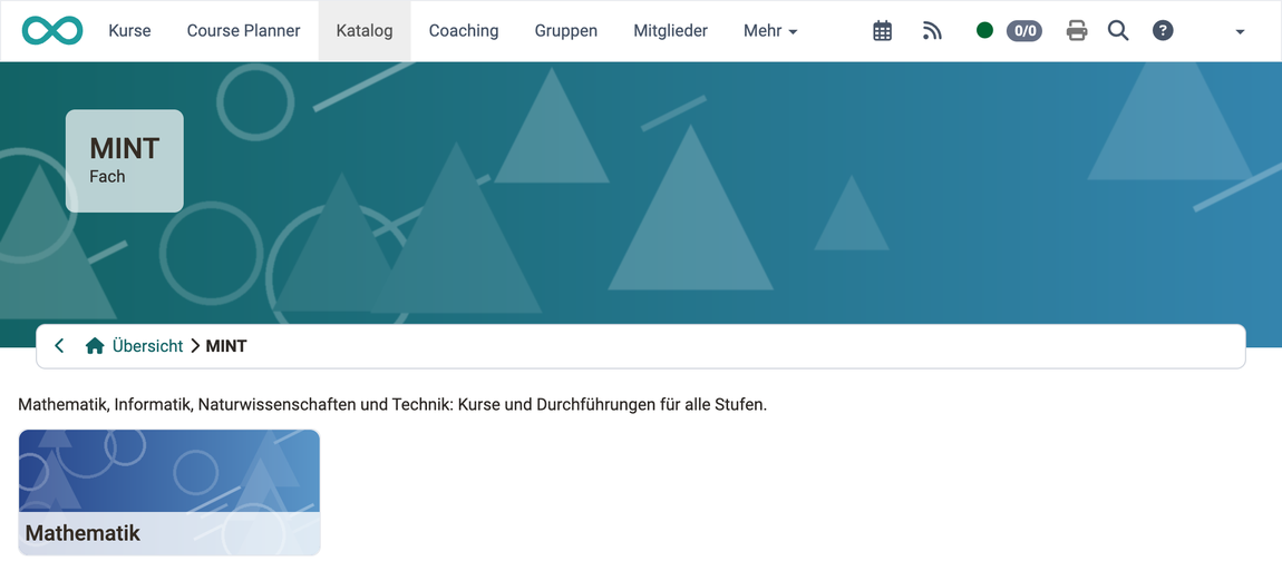 Die Microsite MINT zeigt im Kopf das Hintergrund Bild, darunter die Beschreibung und die Kachel der Unterebene Mathematik